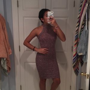 Ribbed Knit purple gray halter neck bodycon dress